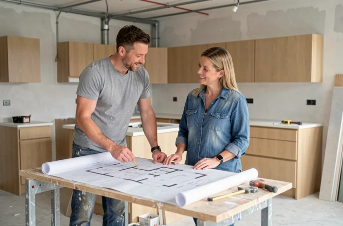 Couple étudiant des plans d'architecture dans une cuisine en cours de rénovation