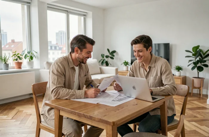 Couple étudiant des documents immobiliers dans un appartement rénové aux finitions modernes et scandinaves