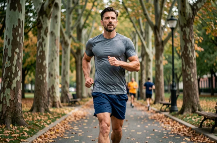 Homme en train de courir dans un parc urbain en automne pour maintenir sa forme physique et son bien-être au quotidien