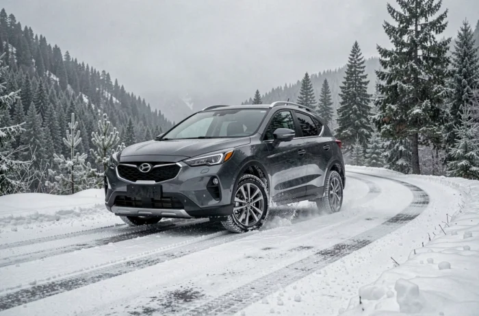 Véhicule crossover équipé de pneus M+S roulant sur route enneigée en montagne