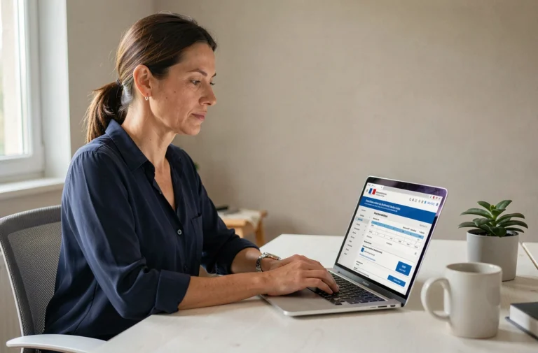 Femme déclarant ses impôts en ligne sur son ordinateur portable depuis son bureau à domicile
