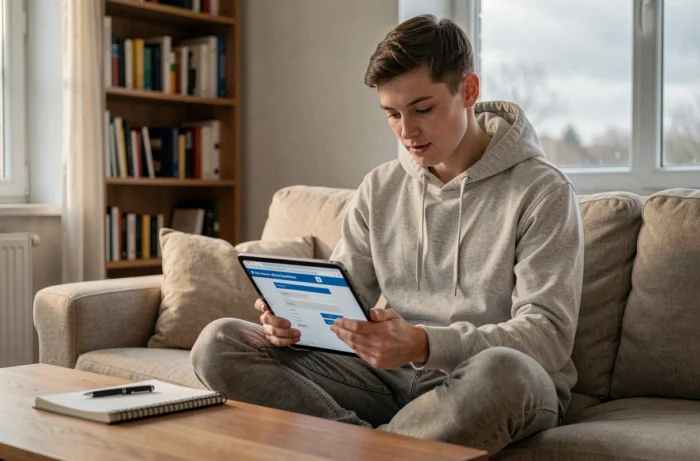 Jeune adulte réalisant sa déclaration d'impôts en ligne sur une tablette confortablement installé dans son salon