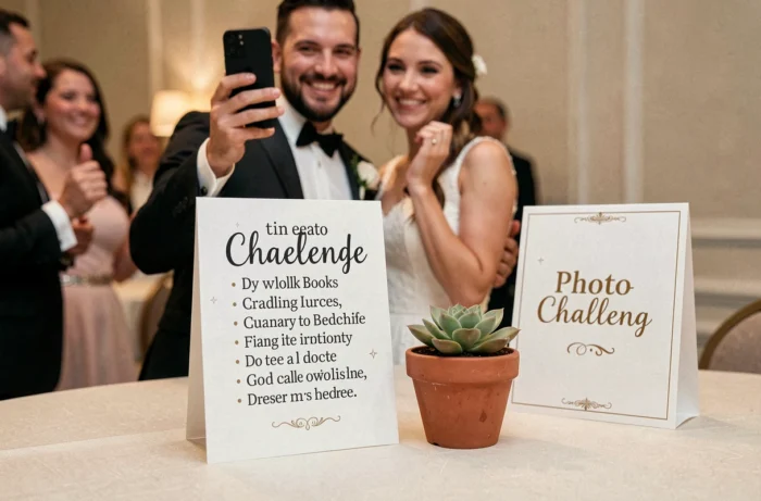 Carte de défi photo thématique sur table de mariage avec couple se prenant en photo en arrière-plan