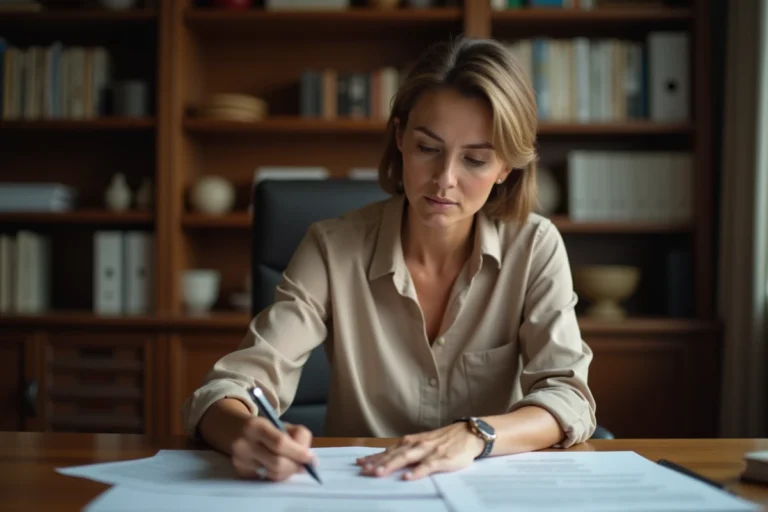 Femme consultant des documents juridiques pour se désolidariser d'un parent adulte