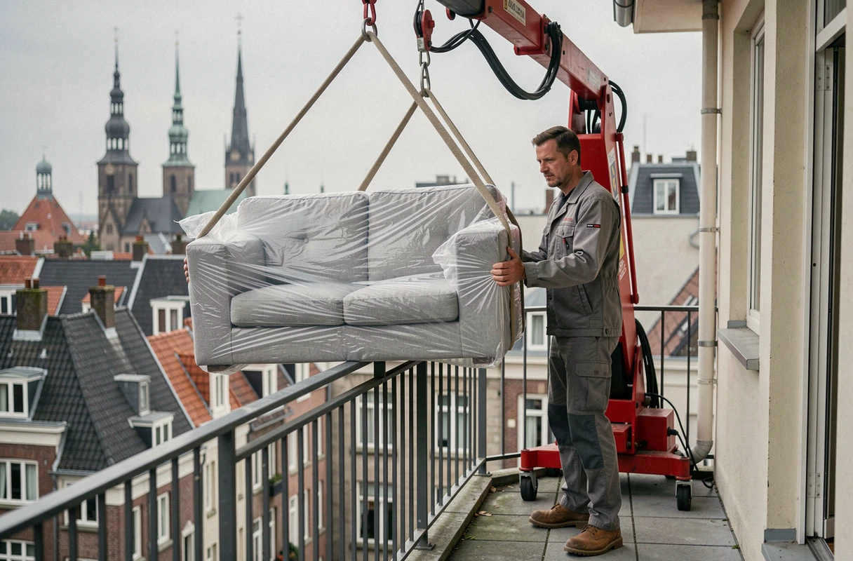 Déménageur recevant un canapé sur un balcon bruxellois grâce à un monte-meubles