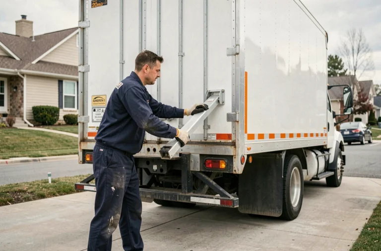 Déménageur professionnel utilisant le hayon hydraulique d'un camion 20m3 devant une maison résidentielle