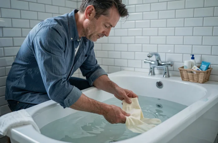 Homme qui trempe des chaussettes serrées dans l'eau tiède pour les assouplir dans la salle de bain