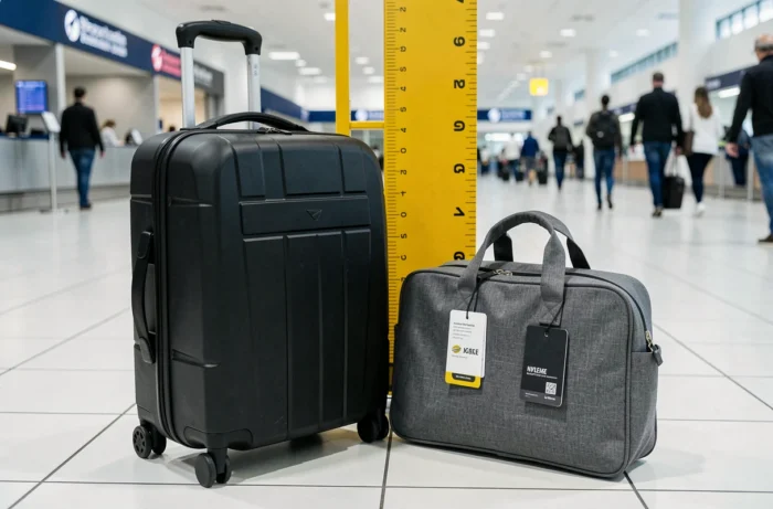 Bagage cabine et bagage sous siège Transavia posés devant un gabarit de contrôle à l'aéroport