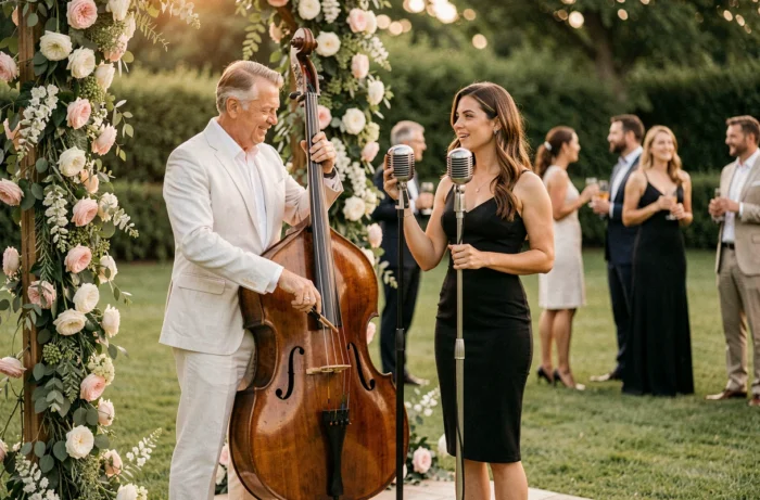 Duo jazz acoustique avec contrebasse et chanteuse se produisant lors du cocktail d'un mariage en plein air