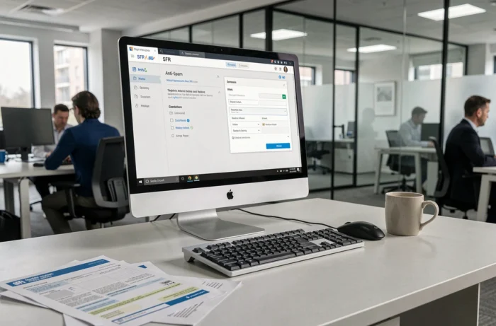Écran d'ordinateur affichant les paramètres de filtre anti-spam SFR webmail dans un bureau professionnel moderne