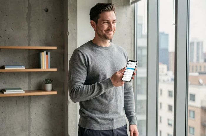 Entrepreneur consultant une application de gestion de la relation client sur smartphone dans un espace de coworking minimaliste avec vue urbaine