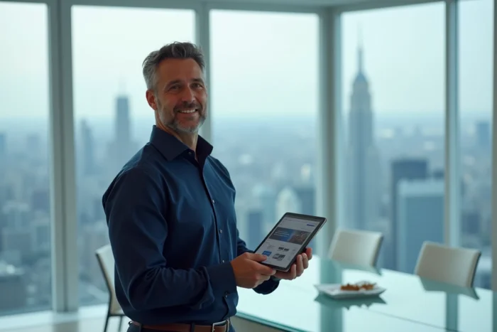 Entrepreneur tenant une tablette affichant le site web de son entreprise devant une vue panoramique urbaine depuis un bureau moderne