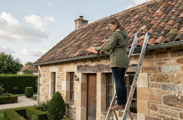 Femme inspectant des tuiles en terre cuite sur le toit d'une maison en pierre lors d'un entretien extérieur