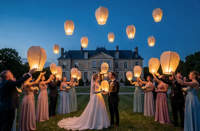 Envol de lanternes biodégradables dans un ciel crépusculaire lors de la clôture d'une réception de mariage