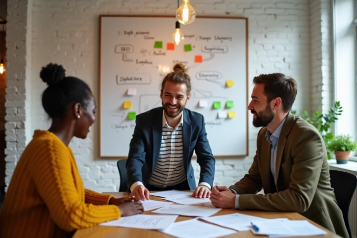 Équipe de professionnels collaborant sur une stratégie de présence web et de référencement dans une agence digitale créative