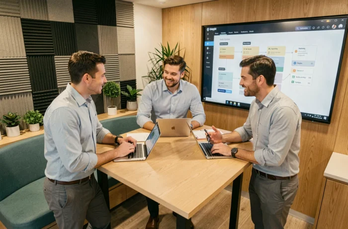 Équipe support client en réunion collaborative autour de données CRM sur tablettes et écrans tactiles dans un espace de travail moderne
