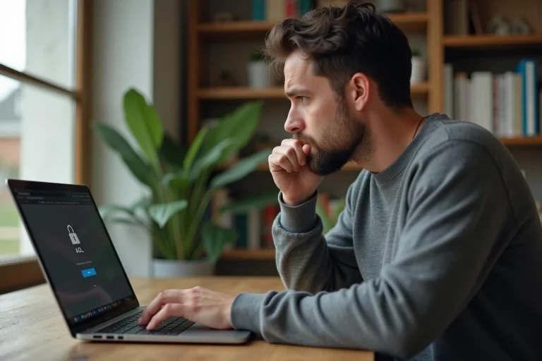 Homme frustré face à une erreur de connexion AOL sur son ordinateur portable dans un bureau à domicile