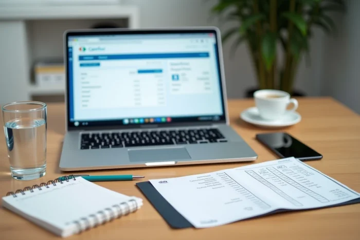 Bureau organisé avec un ordinateur affichant l'espace client Carrefour et une facture PDF imprimée