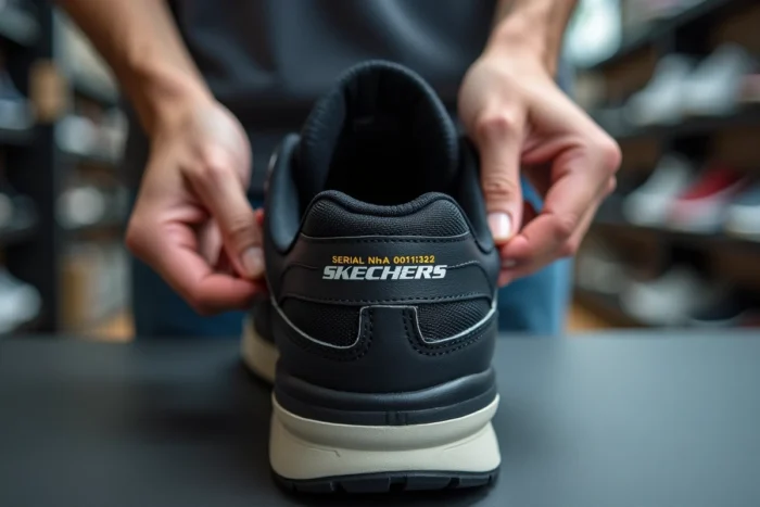 Gros plan sur l'étiquette intérieure d'une Skechers pour identifier les signes d'authenticité comme la typographie et le numéro de série