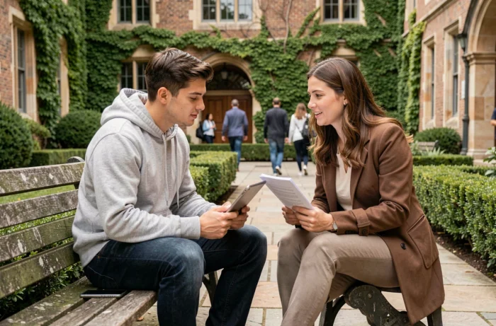 Étudiant et conseiller pédagogique discutant du PAE en plein air sur un campus universitaire