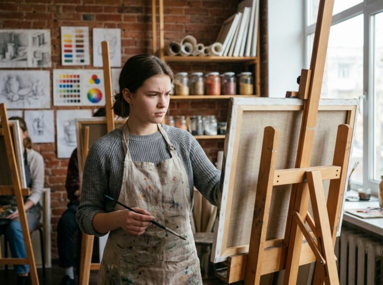 Jeune étudiante en arts plastiques devant son chevalet dans un atelier de beaux-arts, pinceau à la main, regard concentré sur sa toile