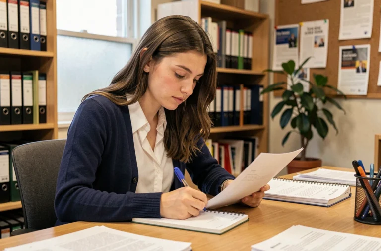 Étudiante consultant les documents de son parcours d'accompagnement étudiant dans un bureau universitaire