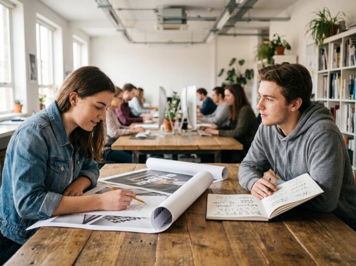 Deux étudiants en design graphique collaborant sur des maquettes imprimées dans un open space d'école de design, sketchbooks ouverts sur la table
