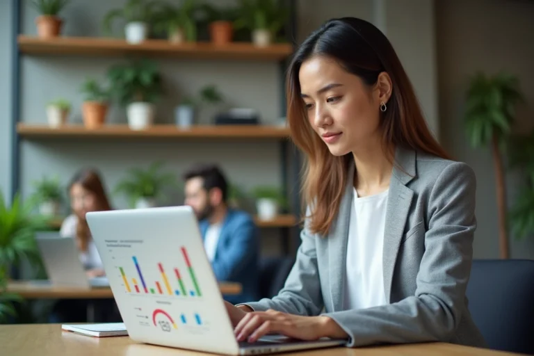 Femme d'affaires analysant les statistiques de visibilité web de son entreprise sur un ordinateur portable dans un espace de coworking moderne