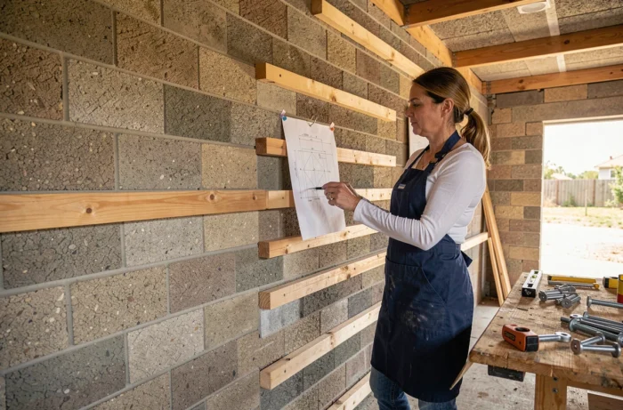 Femme artisane consultant un plan technique devant des chevrons fixés horizontalement sur un mur en parpaing