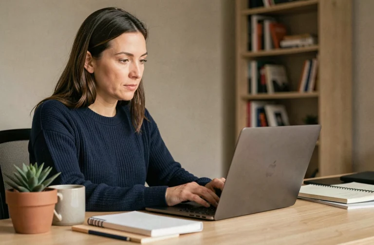 Femme utilisant un ordinateur portable dans un bureau à domicile moderne pour se tenir informée sur l'actualité informatique