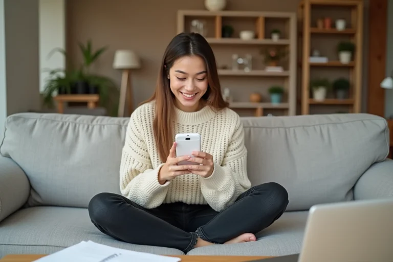 Jeune femme cherchant des codes promo Zalando sur son smartphone depuis son canapé