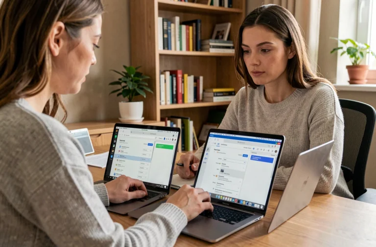 Femme configurant le filtre anti-spam de sa boîte mail SFR sur un ordinateur portable dans un bureau à domicile