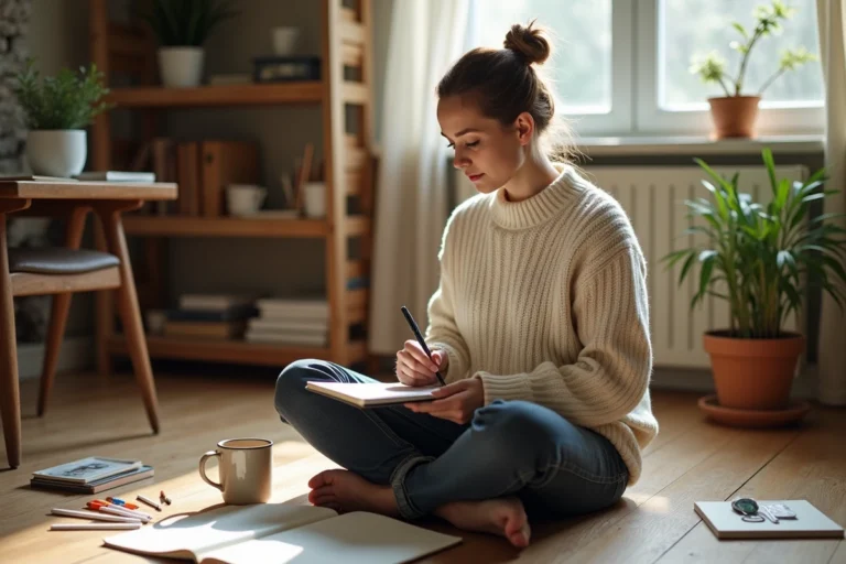 Femme créative dessinant dans un carnet entourée de fournitures artistiques dans un salon chaleureux et cosy