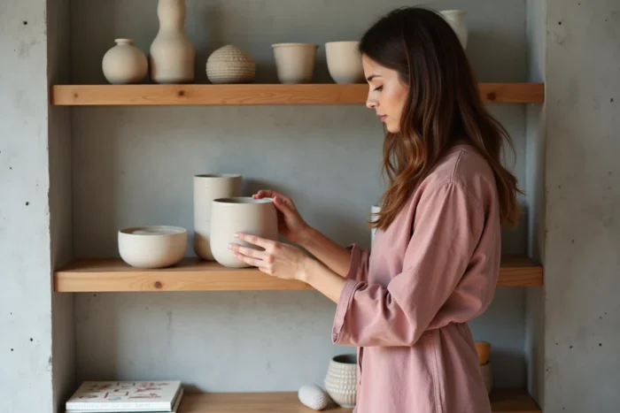 Femme arrangeant des objets décoratifs céramiques sur une étagère en bois dans un bureau contemporain, tendances intérieur 2024