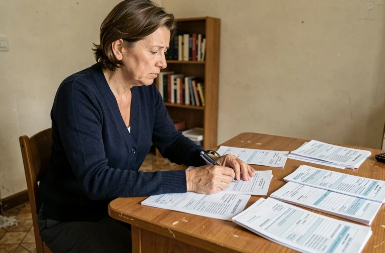 Femme remplissant un dossier de demande de logement DALO à domicile, entourée de documents administratifs