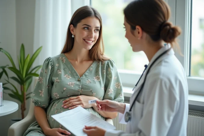 Femme enceinte consultant un professionnel de santé au sujet de l'utilisation du musc pendant la grossesse
