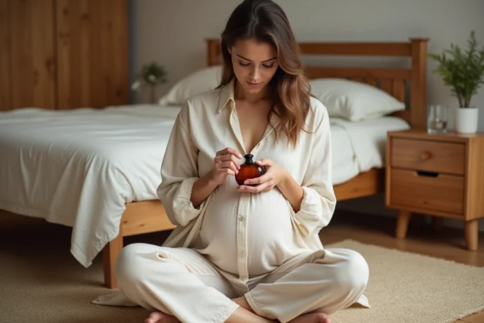 Femme enceinte tenant un flacon de parfum au musc ambré, assise sur le sol d'une chambre apaisante