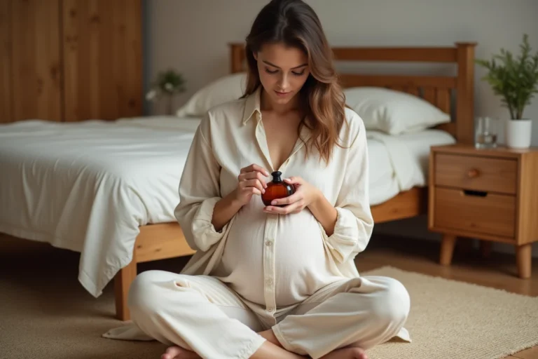 Femme enceinte tenant un flacon de parfum au musc ambré, assise sur le sol d'une chambre apaisante