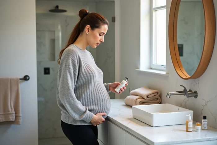 Femme enceinte lisant l'étiquette d'un produit cosmétique au musc dans la salle de bain