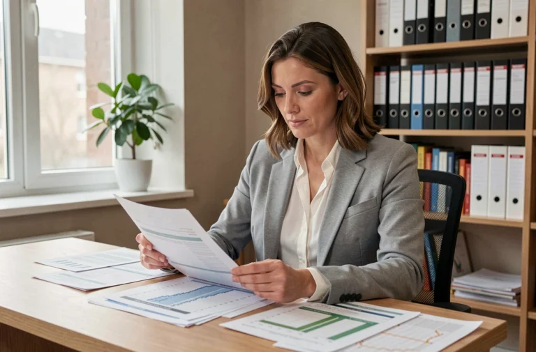 Femme concentrée qui examine des documents financiers et un budget sur un bureau en bois dans un bureau à domicile organisé