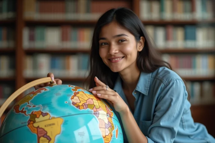 Jeune femme indiquant l'emplacement du Sri Lanka sur un globe terrestre dans une bibliothèque