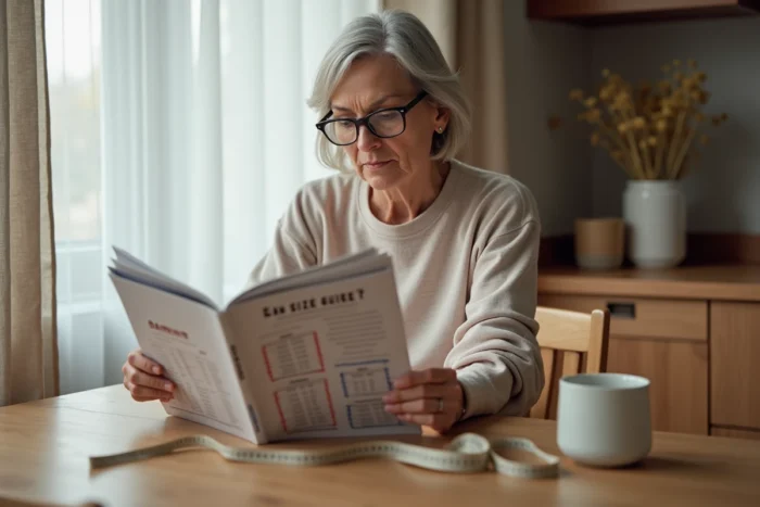 Femme consultant le guide des tailles Damart avec un mètre ruban à la maison