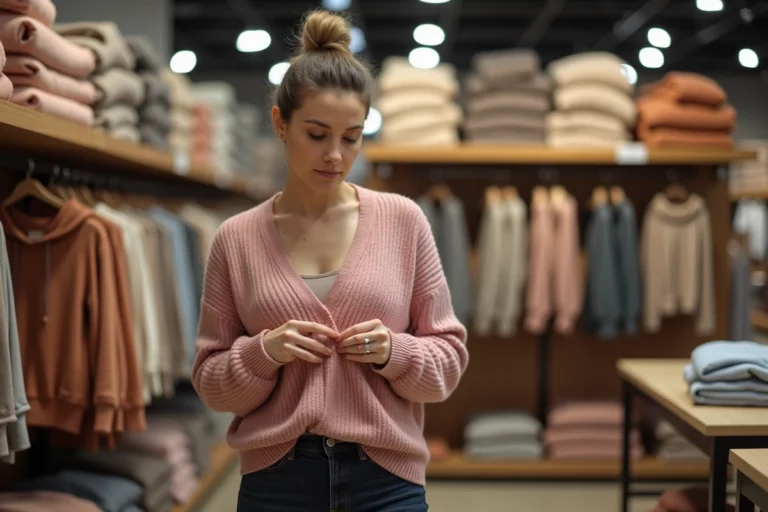 Femme lisant l'étiquette de taille d'un pull thermique Damart en magasin