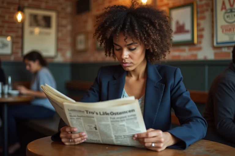 Femme lisant un journal indépendant dans un café urbain, actualité et presse libre