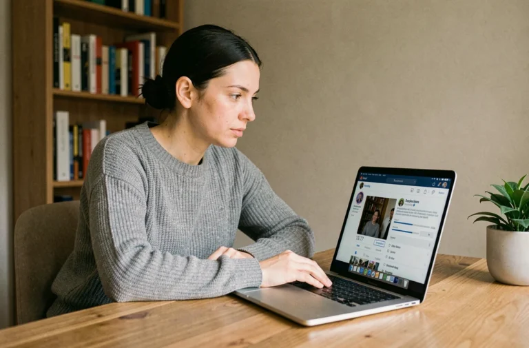 Femme utilisant un ordinateur portable pour accéder aux paramètres de confidentialité Facebook et retrouver des profils bloqués