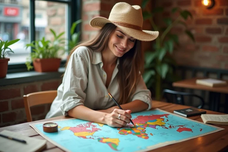 Une femme planifiant un voyage autour du monde avec une carte, un passeport et des notes de voyage dans un café chaleureux