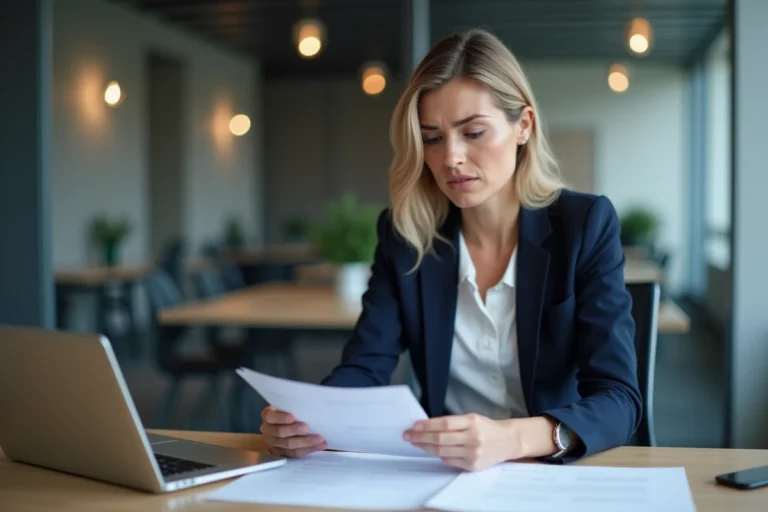 Femme professionnelle examinant des documents relatifs à son indemnisation chômage après un salaire de 3000 euros nets