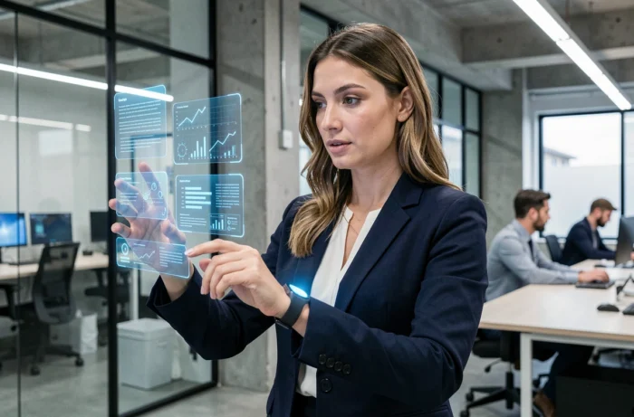 Femme professionnelle interagissant avec une interface de réalité augmentée dans un bureau technologique moderne en 2024