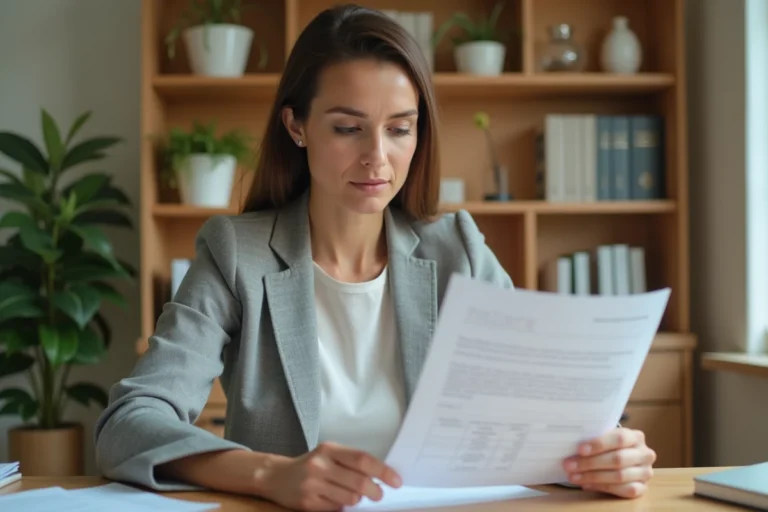 Femme consultant son relevé d'information assurance auto à son bureau à domicile
