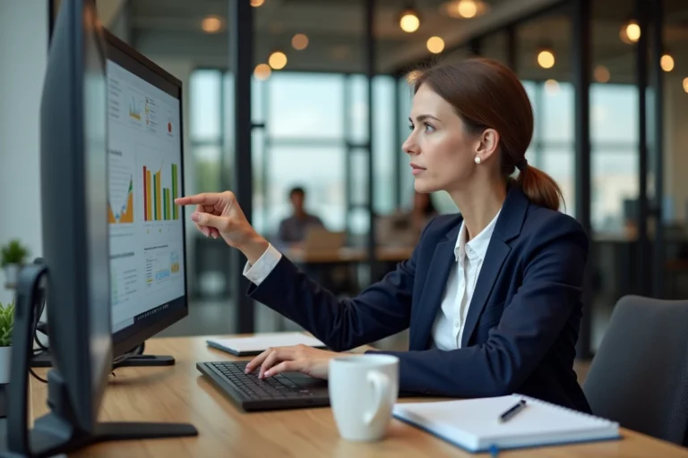 Femme cheffe de projet analysant des graphiques de croissance d'entreprise sur un écran dans un bureau moderne avec un partenaire digital